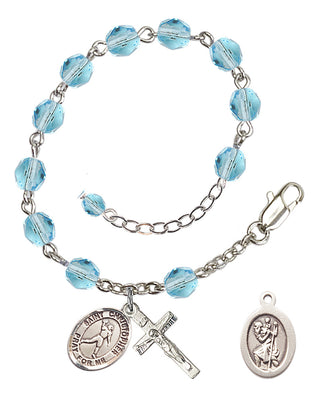 Adjustable Silver Plated 6mm Fire Polished Saint Christopher/Football Rosary Bracelet in Aqua