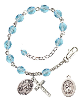 Adjustable Silver Plated 6mm Fire Polished Saint Christopher/Basketball Rosary Bracelet in Aqua