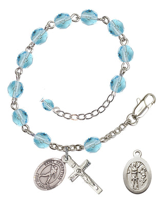 Adjustable Silver Plated 6mm Fire Polished Saint Sebastian/Football Rosary Bracelet in Aqua