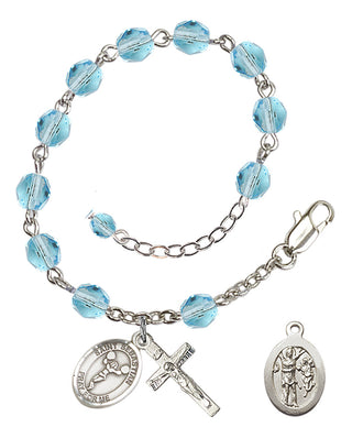 Adjustable Silver Plated 6mm Fire Polished Saint Sebastian/Cheerleading Rosary Bracelet in Aqua