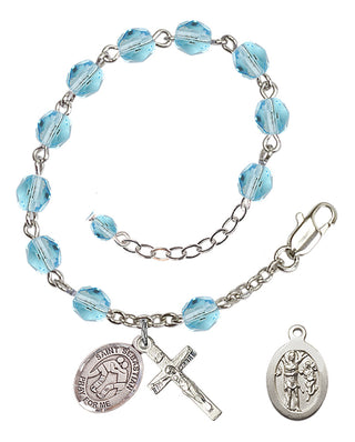 Adjustable Silver Plated 6mm Fire Polished Saint Sebastian/Wrestling Rosary Bracelet in Aqua