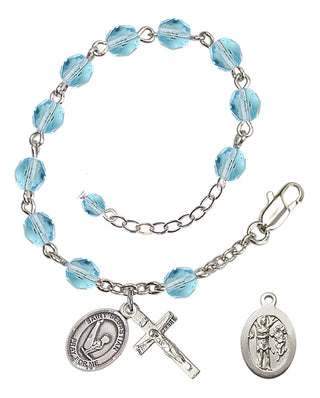 Adjustable Silver Plated 6mm Fire Polished Saint Sebastian/Gymnastics Rosary Bracelet in Aqua