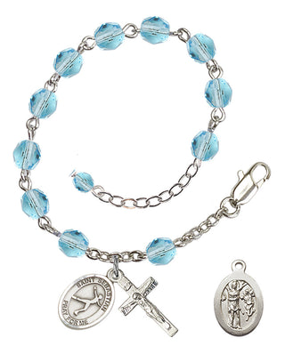 Adjustable Silver Plated 6mm Fire Polished Saint Sebastian/Figure Skating Rosary Bracelet in Aqua