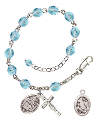 Silver-Plated 6mm Fire-Polished Saint Cecilia / Choir Rosary Bracelet in Aqua Engraved Catholic Saint Jewelry