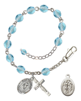 Adjustable Silver Plated 6mm Fire Polished Saint Sebastian / Rugby Rosary Bracelet in Aqua
