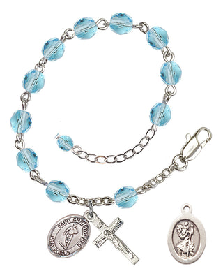 Adjustable Silver Plated 6mm Fire Polished Saint Christopher / Rugby Rosary Bracelet in Aqua