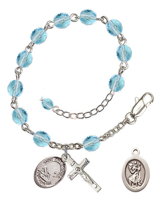 Adjustable Silver Plated 6mm Fire Polished Saint Christopher / Fishing Rosary Bracelet in Aqua