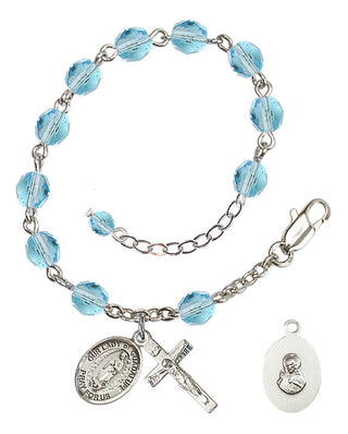 Silver-Plated 6mm Fire-Polished Our Lady of Guadalupe Rosary Bracelet in Aqua Engraved Catholic Saint Jewelry