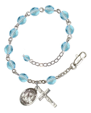Silver-Plated 6mm Fire-Polished Saint Dominic Savio Rosary Bracelet in Aqua Engraved Catholic Saint Jewelry