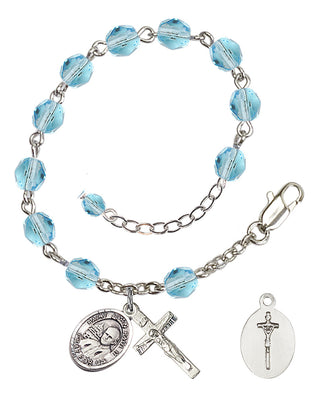 Adjustable Silver Plated 6mm Fire Polished Saint John Paul II Rosary Bracelet in Aqua
