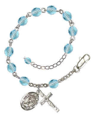 Silver-Plated 6mm Fire-Polished Our Lady of All Nations Rosary Bracelet in Aqua Engraved Catholic Saint Jewelry