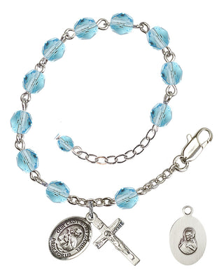 Adjustable Silver Plated 6mm Fire Polished Our Lady of Mount Carmel Rosary Bracelet in Aqua
