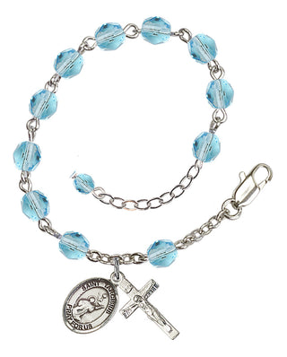 Silver-Plated 6mm Fire-Polished Saint Tarcisius Rosary Bracelet in Aqua Engraved Catholic Saint Jewelry