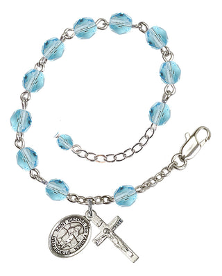 Silver-Plated 6mm Fire-Polished Saint Isidore the Farmer Rosary Bracelet in Aqua Engraved Catholic Saint Jewelry