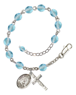Silver-Plated 6mm Fire-Polished Saint James the Lesser Rosary Bracelet in Aqua Engraved Catholic Saint Jewelry