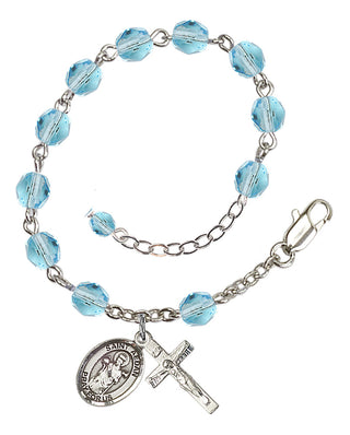 Silver-Plated 6mm Fire-Polished Saint Aedan of Ferns Rosary Bracelet in Aqua Engraved Catholic Saint Jewelry