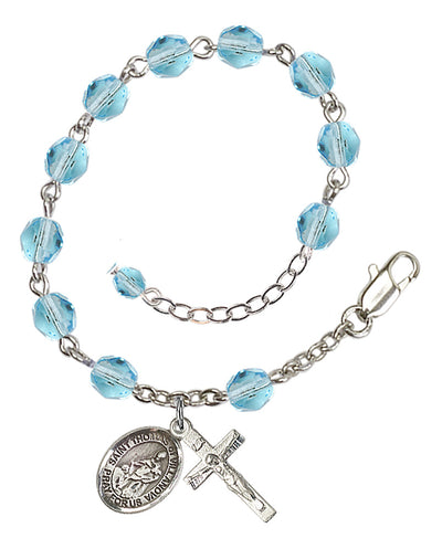Silver-Plated 6mm Fire-Polished St. Thomas of Villanova Rosary Bracelet in Aqua | Engravable