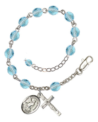 Silver-Plated 6mm Fire-Polished Saint Anthony of Egypt Rosary Bracelet in Aqua Engraved Catholic Saint Jewelry