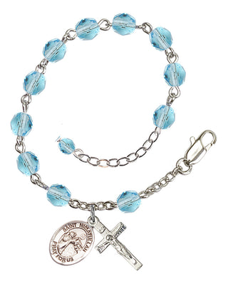 Silver-Plated 6mm Fire-Polished Saint Nimatullah Rosary Bracelet in Aqua Engraved Catholic Saint Jewelry