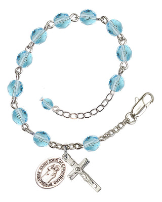 Silver-Plated 6mm Fire-Polished Saint John of Capistrano Rosary Bracelet in Aqua Engraved Catholic Saint Jewelry