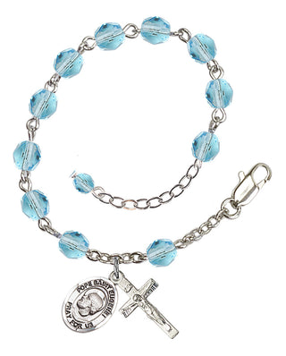 Silver-Plated 6mm Fire-Polished Pope Saint Eugene I Rosary Bracelet in Aqua Engraved Catholic Saint Jewelry