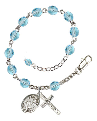 Silver-Plated 6mm Fire-Polished Saint Paula Rosary Bracelet in Aqua Engraved Catholic Saint Jewelry