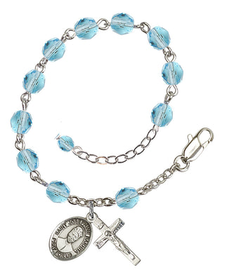 Silver-Plated 6mm Fire-Polished Saint Josephine Bakhita Rosary Bracelet in Aqua Engraved Catholic Saint Jewelry
