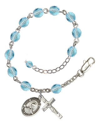 Silver-Plated 6mm Fire-Polished Saint Josemaria Escriva Rosary Bracelet in Aqua Engraved Catholic Saint Jewelry