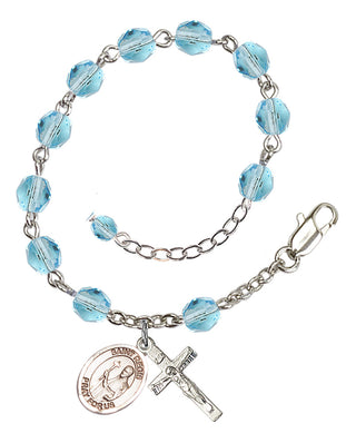 Silver-Plated 6mm Fire-Polished Saint Regis Rosary Bracelet in Aqua Engraved Catholic Saint Jewelry