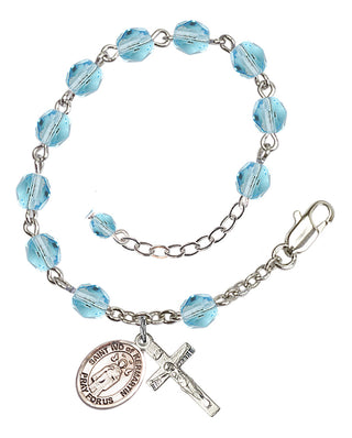 Silver-Plated 6mm Fire-Polished Saint Ivo of Kelmartin Rosary Bracelet in Aqua Engraved Catholic Saint Jewelry
