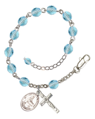 Silver-Plated 6mm Fire-Polished Bl. Emilee Doultremont Rosary Bracelet in Aqua Engraved Catholic Saint Jewelry