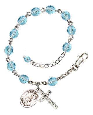 Silver-Plated 6mm Fire-Polished Saint Eligius Rosary Bracelet in Aqua Engraved Catholic Saint Jewelry