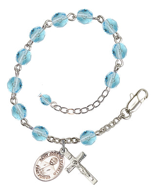 Silver-Plated 6mm Fire-Polished Saint Joseph Marello Rosary Bracelet in Aqua Engraved Catholic Saint Jewelry