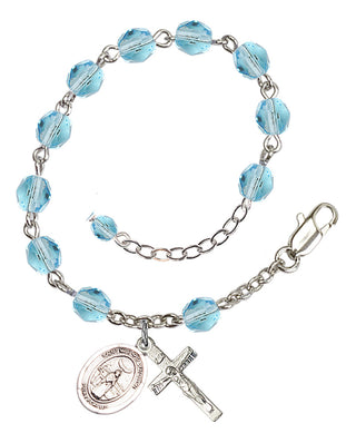 Silver-Plated 6mm Fire-Polished Saint Medard of Noyon Rosary Bracelet in Aqua Engraved Catholic Saint Jewelry