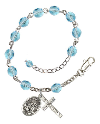Silver-Plated 6mm Fire-Polished Our Lady of Precious Blood Rosary Bracelet in Aqua Engraved Catholic Saint Jewelry