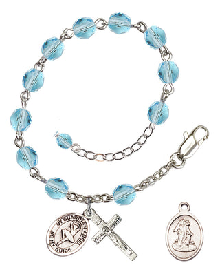 Silver-Plated 6mm Fire-Polished Guardian Angel/Dance Rosary Bracelet in Aqua Engraved Catholic Saint Jewelry