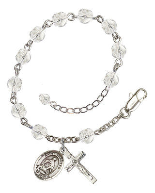 Silver-Plated 6mm Fire-Polished Saint Charles Borromeo Rosary Bracelet in Crystal Engraved Catholic Saint Jewelry