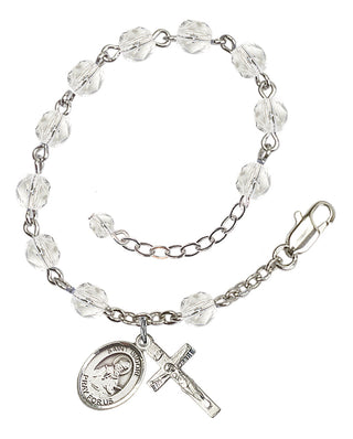 Silver-Plated 6mm Fire-Polished Saint Isidore of Seville Rosary Bracelet in Crystal Engraved Catholic Saint Jewelry
