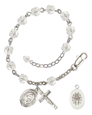 Silver-Plated 6mm Fire-Polished Miraculous Rosary Bracelet in Crystal Engraved Catholic Saint Jewelry