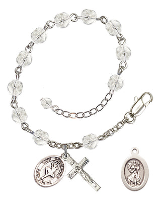Silver-Plated 6mm Fire-Polished Saint Christopher/Dance Rosary Bracelet in Crystal Engraved Catholic Saint Jewelry