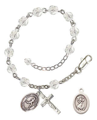 Silver-Plated 6mm Fire-Polished Saint Christopher/Track & Field Rosary Bracelet in Crystal Engraved Catholic Saint Jewelry