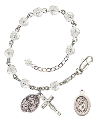 Silver-Plated 6mm Fire-Polished Saint Christopher / Field Hockey Rosary Bracelet in Crystal Engraved Catholic Saint Jewelry