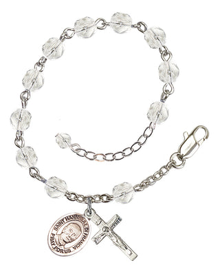 Silver-Plated 6mm Fire-Polished Saint Hannibal Rosary Bracelet in Crystal Engraved Catholic Saint Jewelry