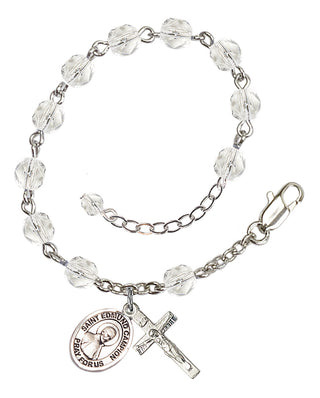 Silver-Plated 6mm Fire-Polished Saint Edmund Campion Rosary Bracelet in Crystal Engraved Catholic Saint Jewelry