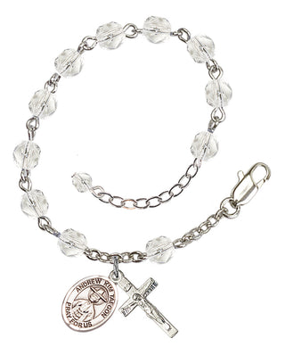 Silver-Plated 6mm Fire-Polished Saint Andrew Kim Taegon Rosary Bracelet in Crystal Engraved Catholic Saint Jewelry