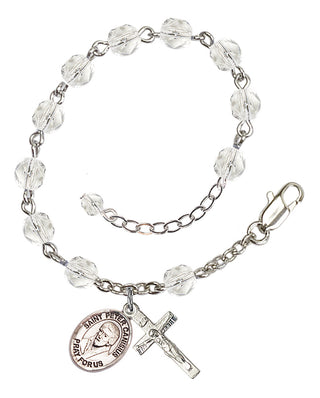 Silver-Plated 6mm Fire-Polished Saint Peter Canisius Rosary Bracelet in Crystal Engraved Catholic Saint Jewelry