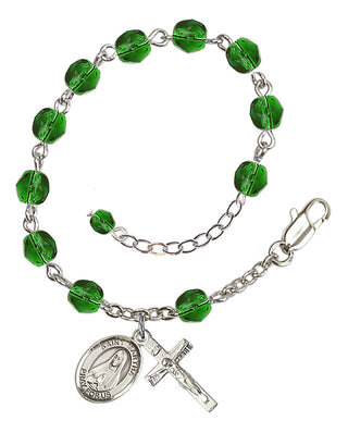 Silver-Plated 6mm Fire-Polished Saint Martha Rosary Bracelet in Emerald Engraved Catholic Saint Jewelry