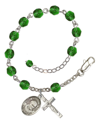 Silver-Plated 6mm Fire-Polished Saint Vincent de Paul Rosary Bracelet in Emerald Engraved Catholic Saint Jewelry
