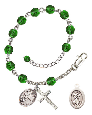 Adjustable Silver Plated 6mm Fire Polished Saint Christopher/Volleyball Rosary Bracelet in Emerald