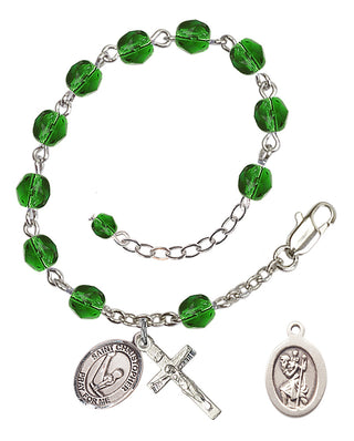 Adjustable Silver Plated 6mm Fire Polished Saint Christopher/Gymnastics Rosary Bracelet in Emerald